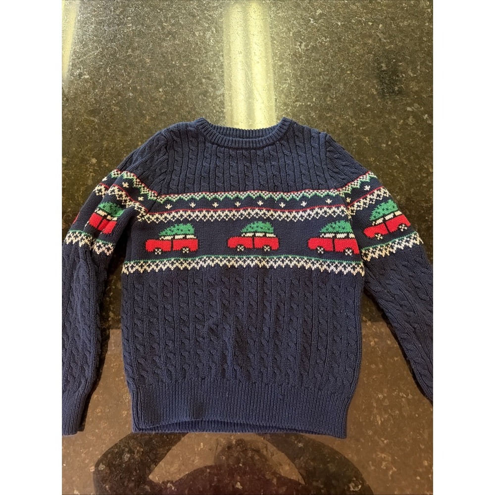 Lands End Boys Sz XS 4-5 Cable Knit Sweater Christmas Tree Truck Navy Preppy